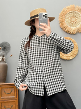 日系森女双层棉纱长袖衬衫女宽松打底潮时尚百搭文艺纯棉格子上衣