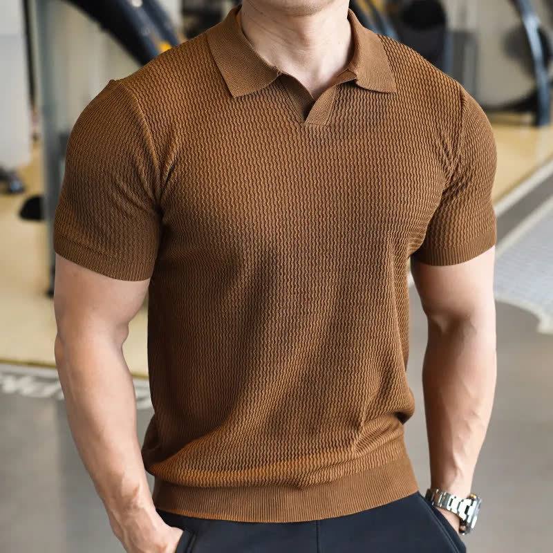 Summer Lapel Short-sleeved Sweater Men's Yuppie Seagull Collar Light Business Slim-fit Casual Cool Solid Color T-shirt brown