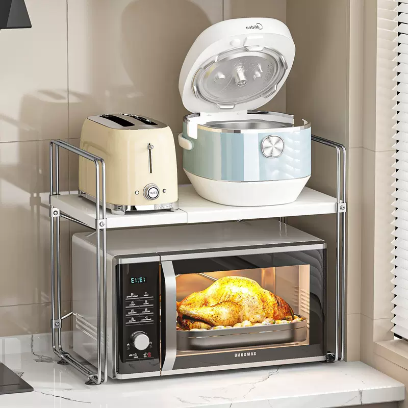 日系微波炉置物架厨房台面双层收纳架烤箱伸缩电饭煲电器分层收纳