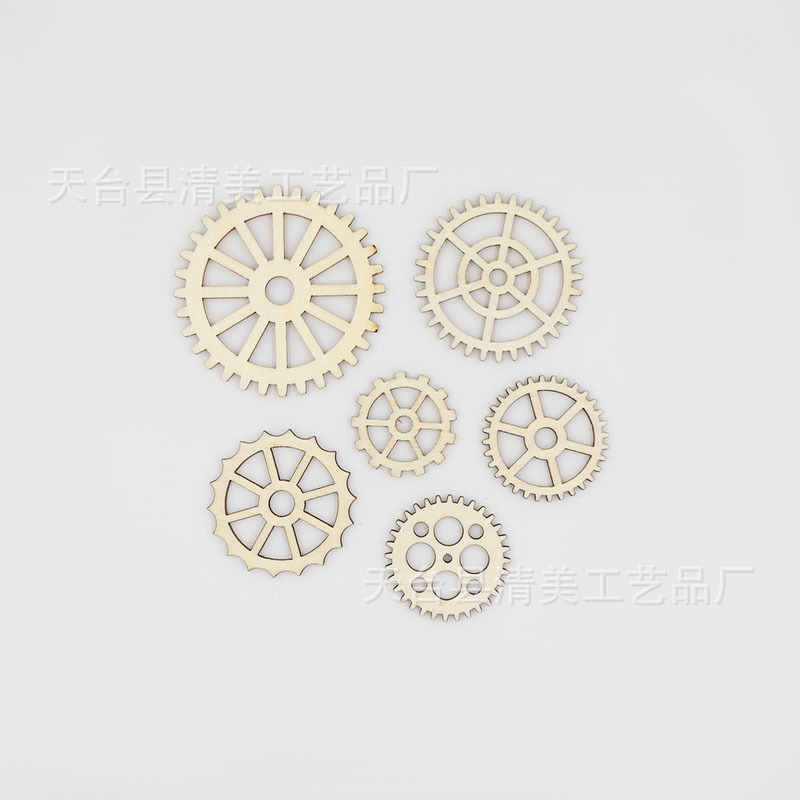 6 tamaños engranaje de madera engranaje mixto madera chip decoraciones corte por láser artesanía 120 unids/pack