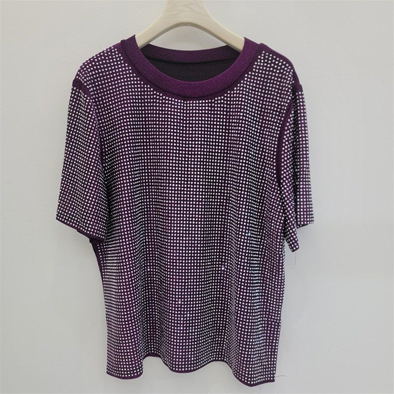 Diseño de diamante caliente de industria pesada sensación de cuello redondo chaqueta de alta calidad gran sensación de camiseta de verano de mujer nueva moda de blusa suelta versátil image 4