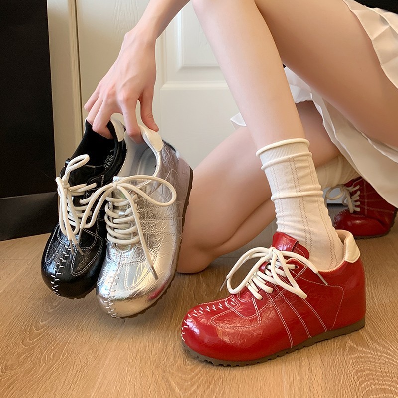 软皮版~内增高6cm小众复古德训鞋女运动休闲系带阿甘鞋芭蕾板鞋|undefined