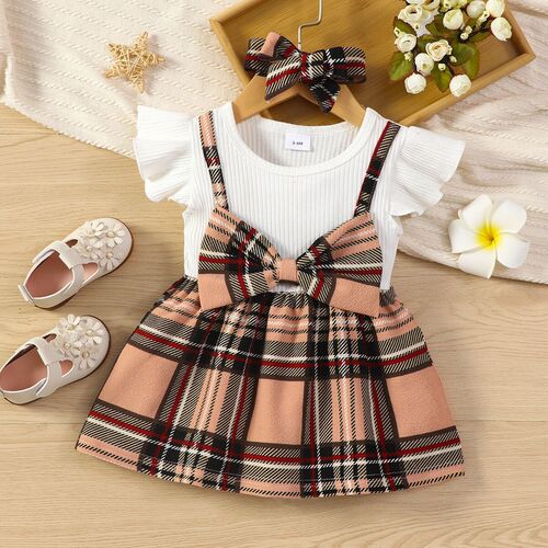 Cross-border Instagram baby girl sleeveless patchwork gingham bow two-piece short-sleeve stylish dress trendy