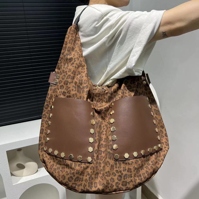 クロスボーダー専用レディース欧米レトロヒョウ柄バッグ大容量ステッチリベット本革シングルショルダーバッグ|undefined