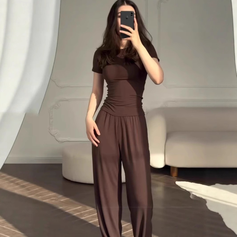 2025 ヨーロッパとアメリカのクロスボーダー婦人服新しいラウンドネックスリムカジュアル多用途ルーズストレッチワイドレッグパンツファッションスーツ|undefined