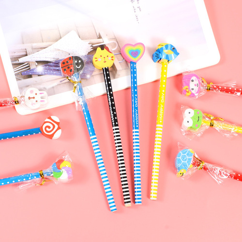 Cartoon HB eraser tip pencil, clean eraser, student writing pen, children's small gift, prize, advertising pen