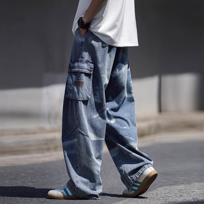 Men's Vintage Light Blue Jeans Retro High Street Hip Hop Design With Pockets Relaxed Straight Leg_mkmklike.com