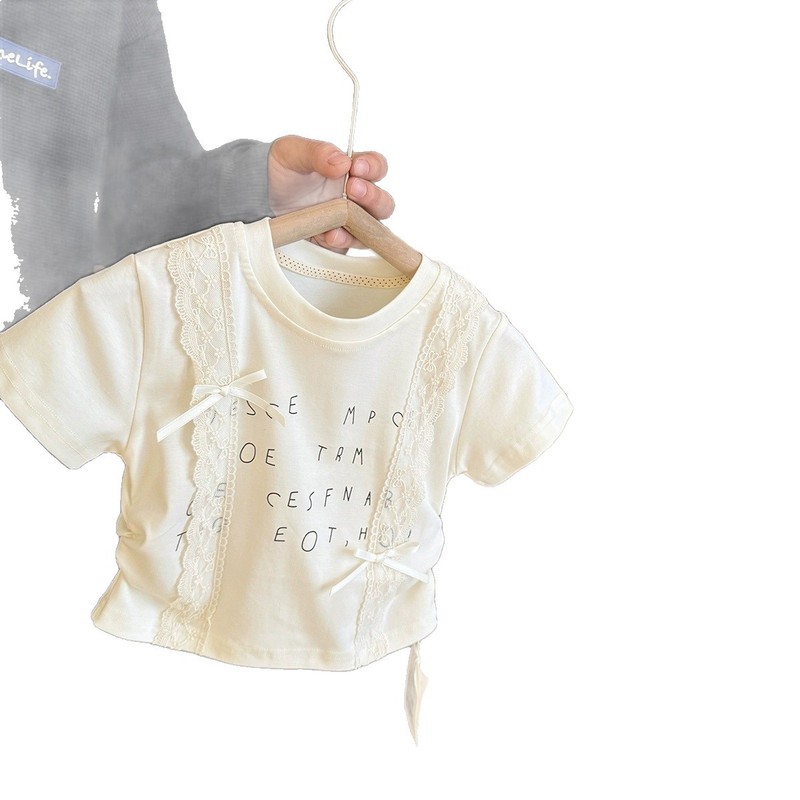 半袖Tシャツ夏薄い韓国風女の子文学レターショートスタイルベビーガールズファッショナブルなウエストトップ女の子用|undefined