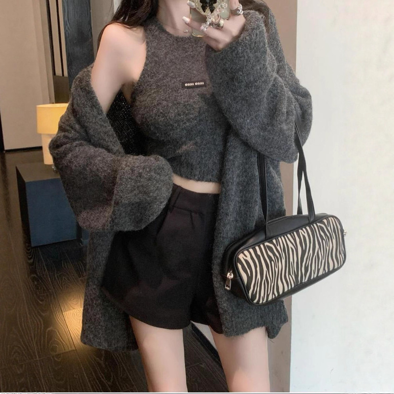 感慵懒风辣妹中长款毛衣外套女秋冬美拉德软糯背心上衣两件套|undefined