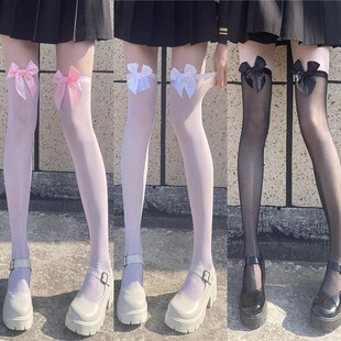 Japanese Sexy Bow Long Tube Pure White Silk Lolita Soft Girl Over the Knee JK Thigh Socks Black Silk Hot Girl