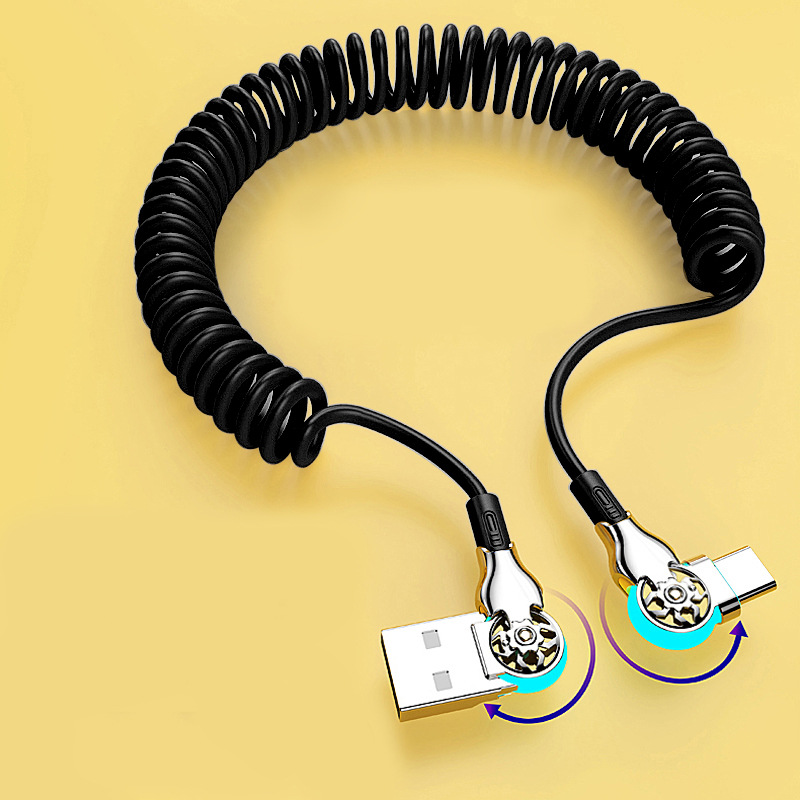 Codo doble resorte giratorio retráctil de carga rápida cable de datos para apple android huawei xiaomi coche cable de carga