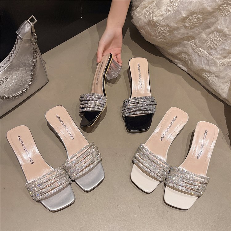 2026 New Style Slip-On Open-Toe Chunky Heel Sandals with Thin Glitter Strap High-Heeled Slippers French Retro Slippers 2026 New Style Slip-On Open-Toe Chunky Heel Sandals with Thin Glitter Strap High-Heeled Slippers French Retro Slippers