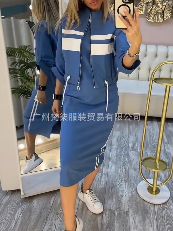 2025欧美跨境亚马逊爆款纯色吊带连衣裙条纹开衫外套长裙两件套女|undefined
