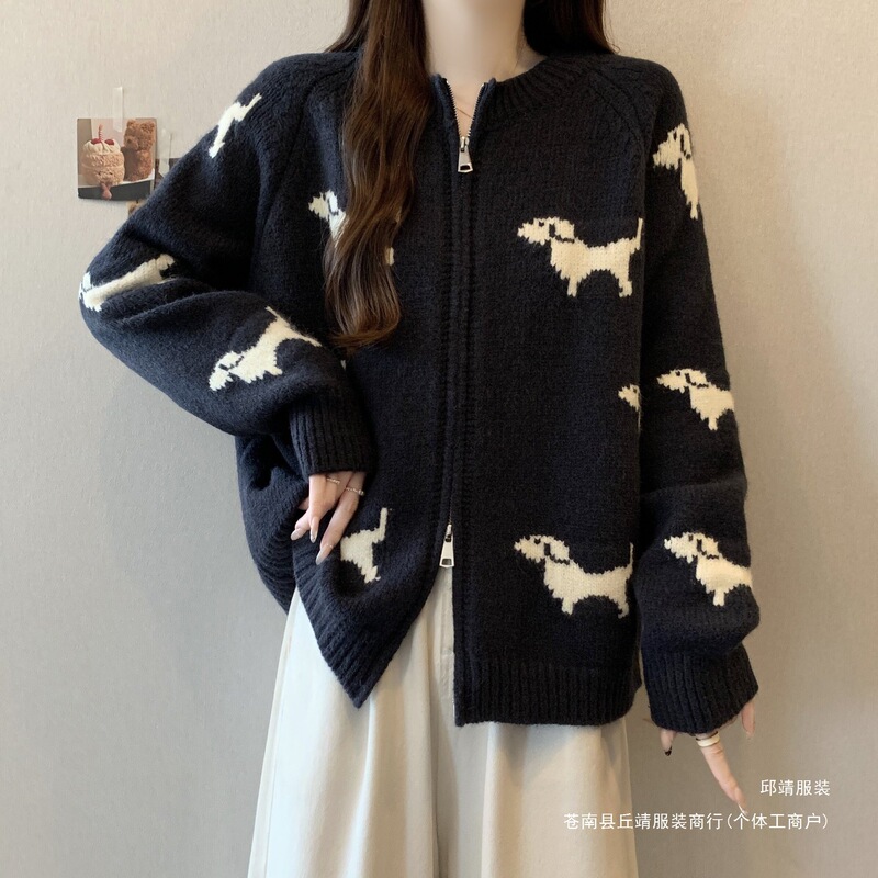 Korean-style, relaxed-fit, jacquard knit sweater coat for women, plus size, autumn/winter, thickened, with zipper, knitted cardigan Korean-style, relaxed-fit, jacquard knit sweater coat for women, plus size, autumn/winter, thickened, with zipper, knitted cardigan