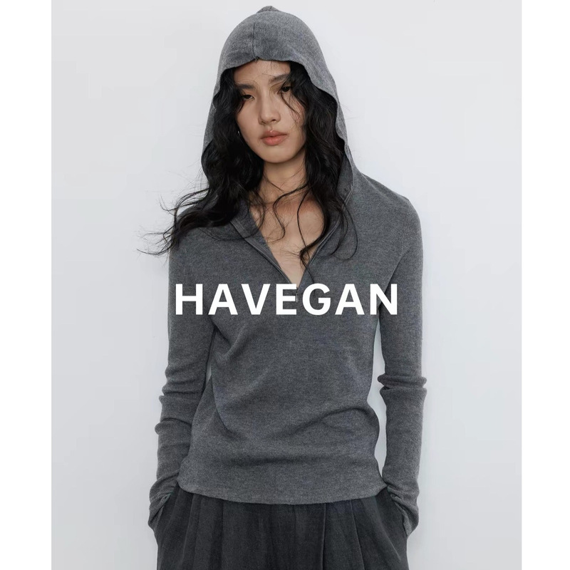 Havegan/Autumn Hooded Wool Long-Sleeve Knit Sweater for Women, Solid Color, Lazy Style, Stretchy Casual Top Havegan/Autumn Hooded Wool Long-Sleeve Knit Sweater for Women, Solid Color, Lazy Style, Stretchy Casual Top