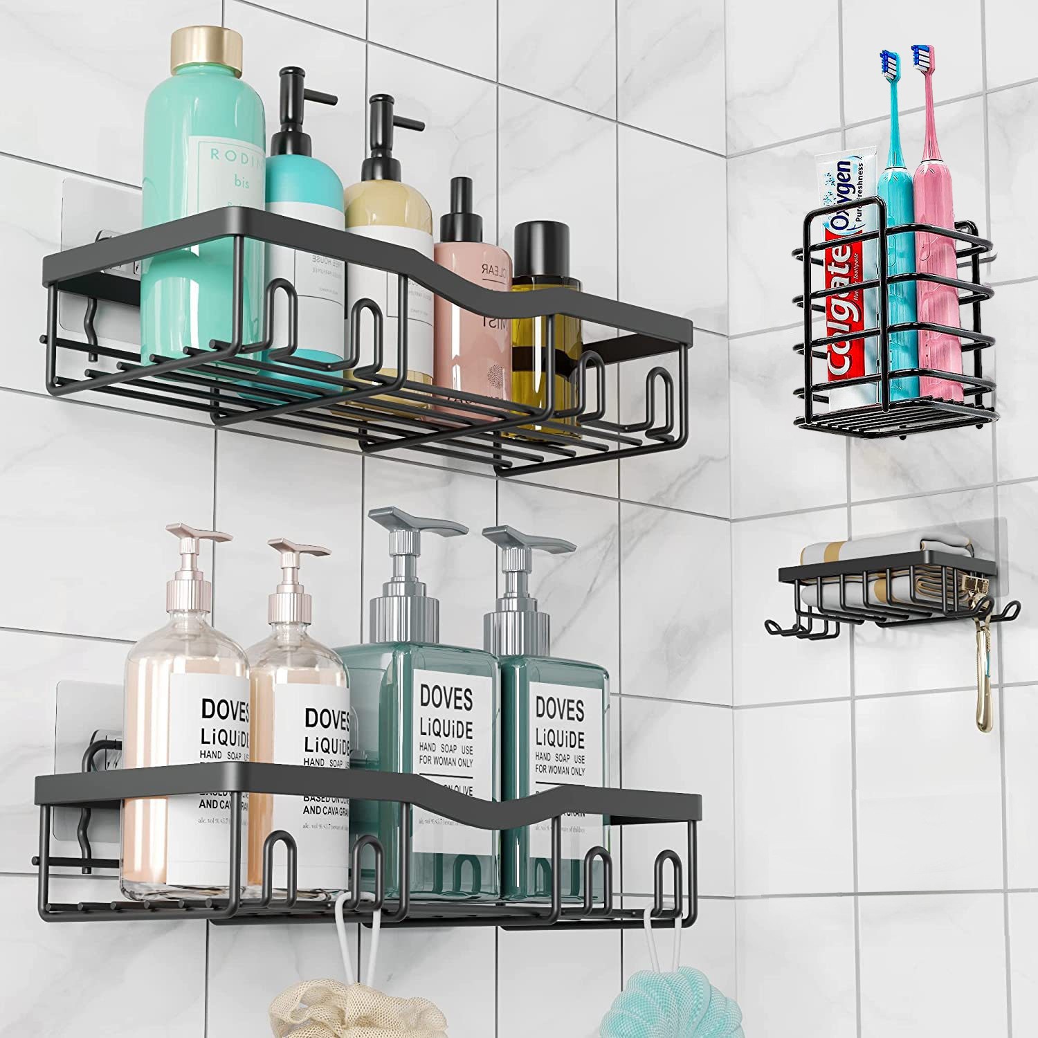 Estante de almacenamiento para baño, organizador de pared sin taladro para jabón y artículos de aseo.
