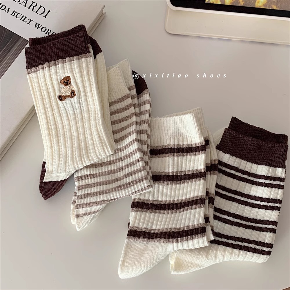 【雙針】秋冬復古條紋中筒襪ins學生日系可愛小熊堆堆襪長襪女