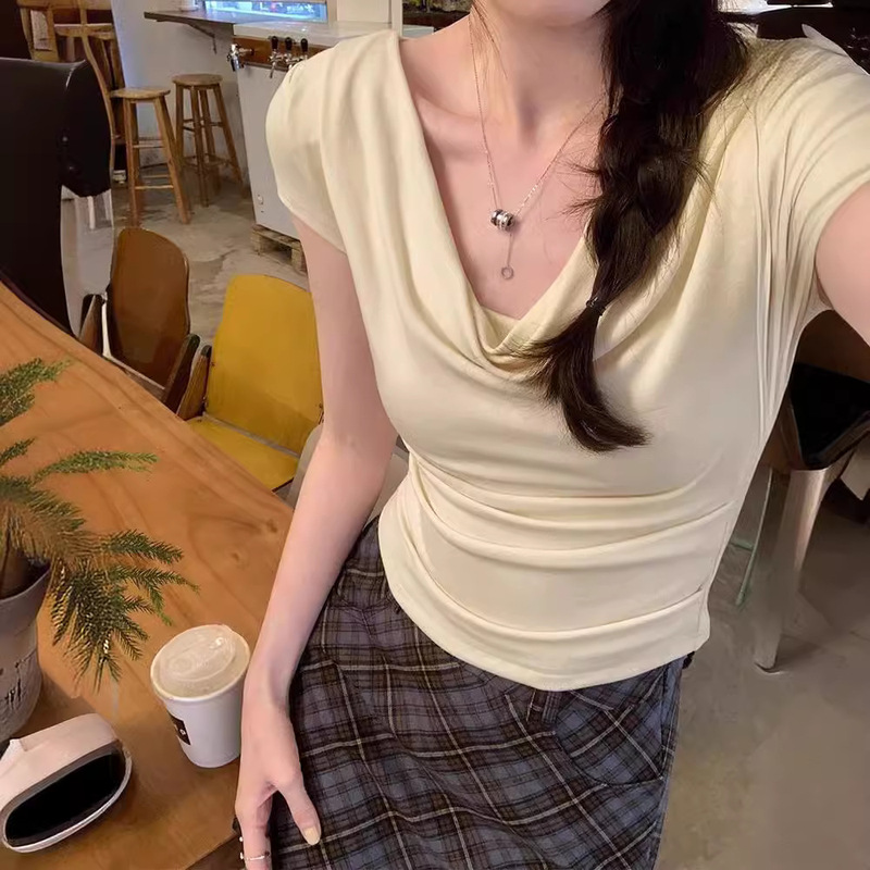 Summer Pure Desire Swing Collar Short-sleeved T-shirt Women's Design Hot Girl's Slim-fit Slimming High-elastic Sexy Short Base Top