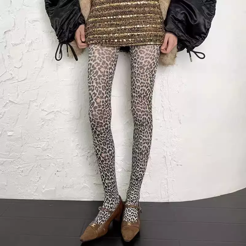 夜晚的闪光灯复古千禧个性辣妹打底裤小众设计豹纹印花薄款连裤袜