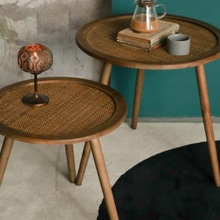 波西米亚美式复古实木茶几天然藤编沙发边几阳台圆桌民宿桌子法式