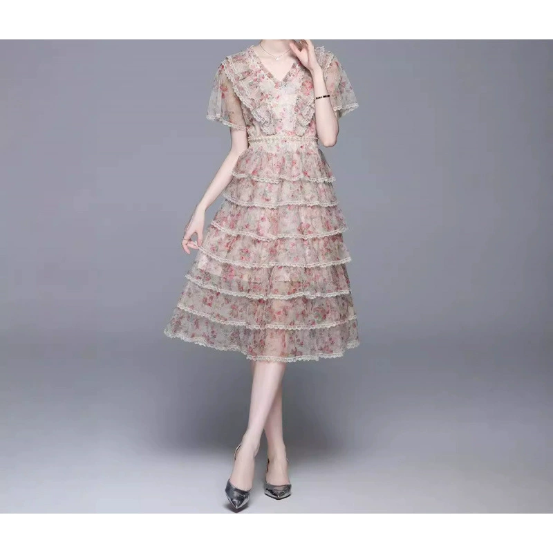 Европейское модное платье 2025 года, тяжелое бисерное платье с принтом и сетчатой ​​поясной линией, тренд