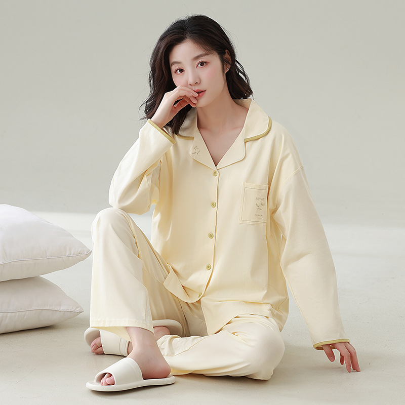 잠옷 여성의 새로운 [COOL COTTON] 긴 소매 바지 세트 옷깃 가슴 패드 솔리드 컬러 편안한 외부 착용 홈 의류 세트