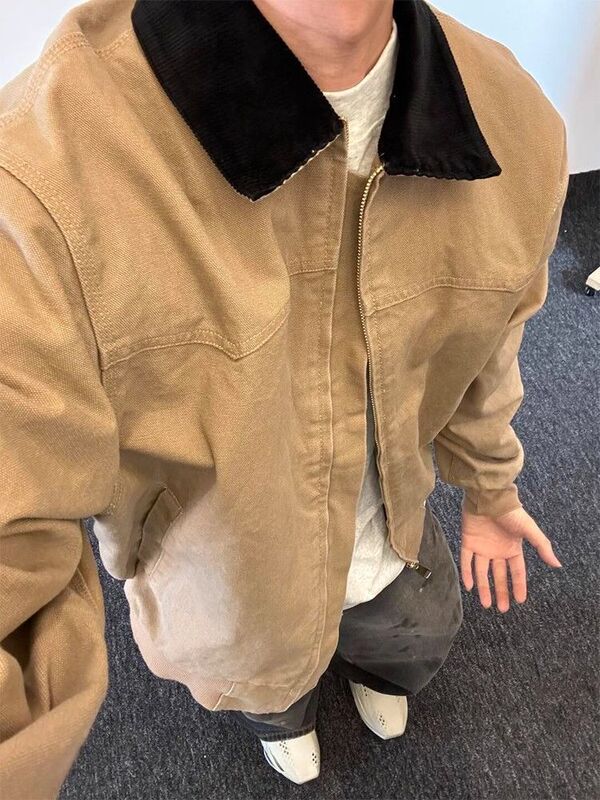 Vintage Khaki Canvas Washed Jacket Men's American Fashion Brand Lapel Detroit Work Jacket