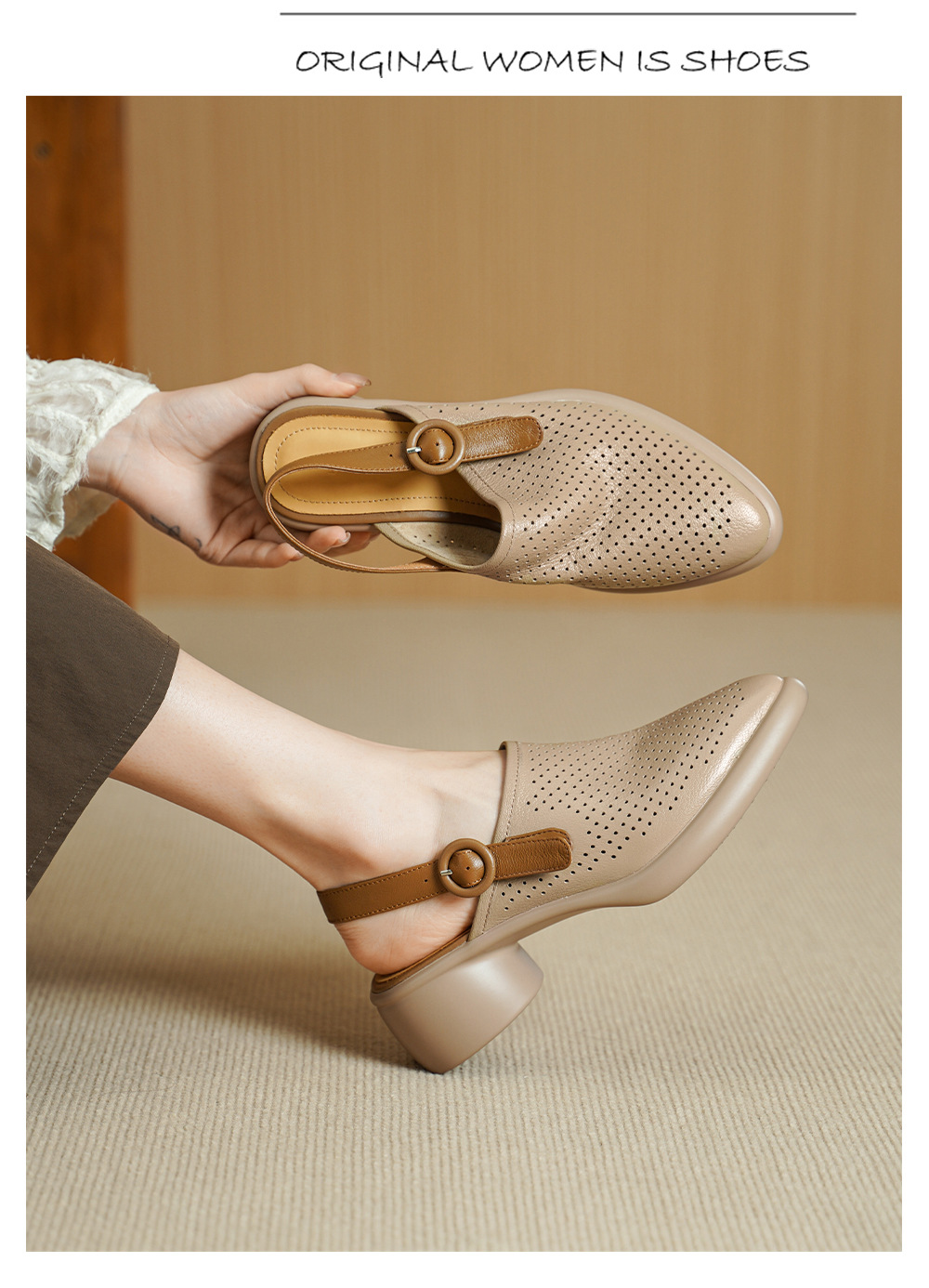 Sandal da dê nữ quai ngang mũi tròn gót vuông cao 7 cm — màu trắng ngà chi tiết 10