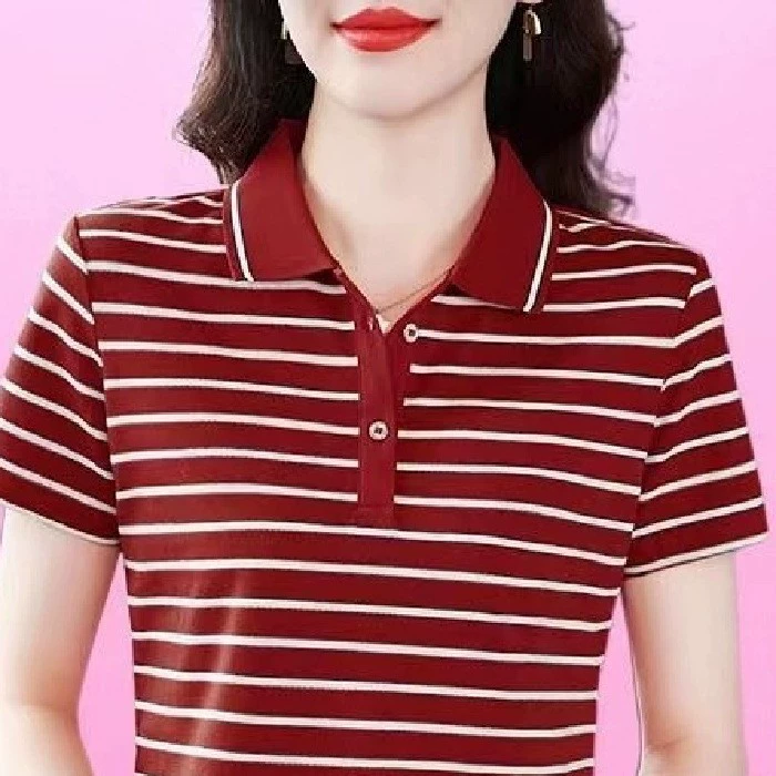 Женская поло с коротким рукавом, лето 2025, новый большой размер, свободная футболка с отворотом, западный стиль, спортивный повседневный топ для мам