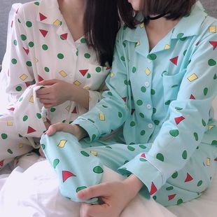 Crayon Shin-chan Long-sleeved Pajamas for Women Cartoon Spring & Fall Sweet and Cute Geometric K-style Home Clothes Women's Pull-up Cotton Suit