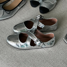 羊皮银色真皮交叉扣带圆头复古玛丽珍鞋女软底芭蕾单鞋女平底鞋子