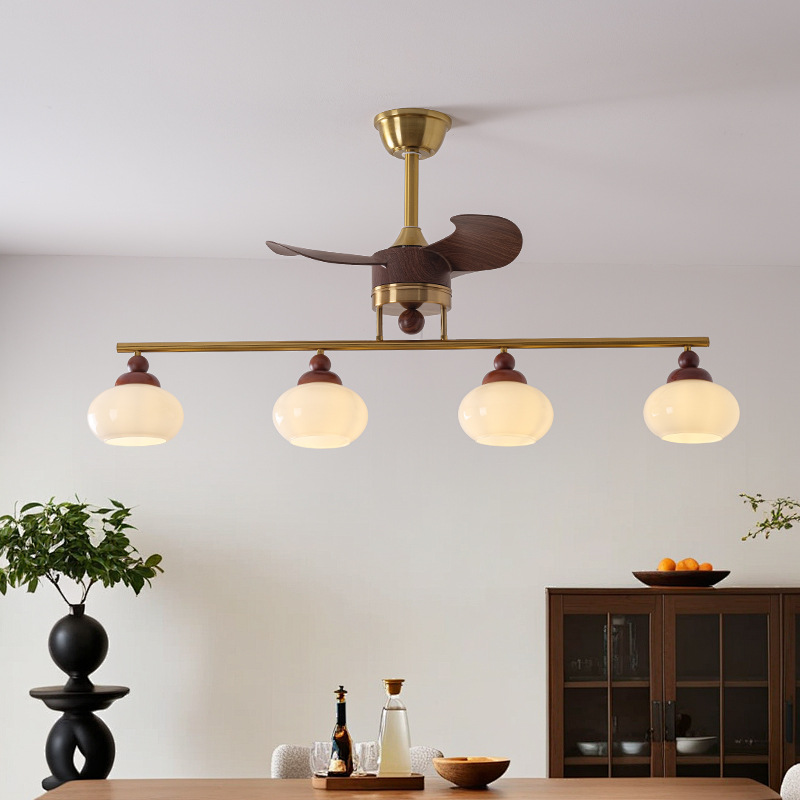 Lámpara de ventilador de sala de estar de estilo medieval, hogar retro, grano de madera de nuez, nuevo dormitorio, ventilador eléctrico, candelabro, lámpara de ventilador de restaurante
