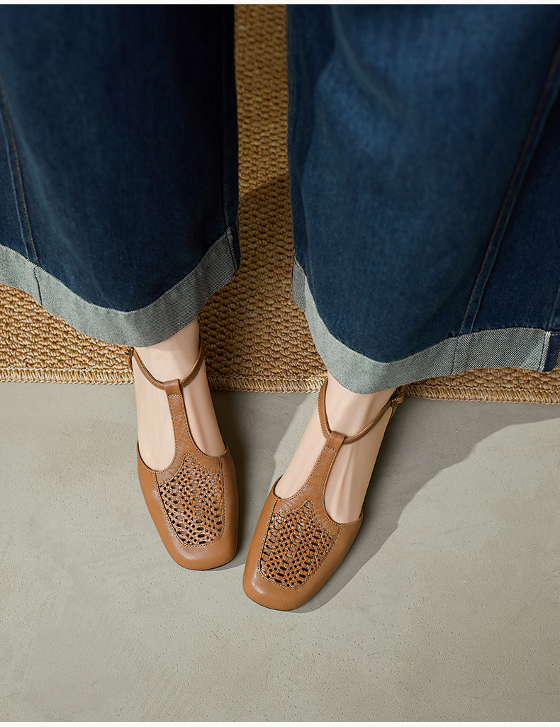 Sandal nữ da cừu thấp gót dệt vintage bít mũi quai chữ T — màu trắng ngà chi tiết 9