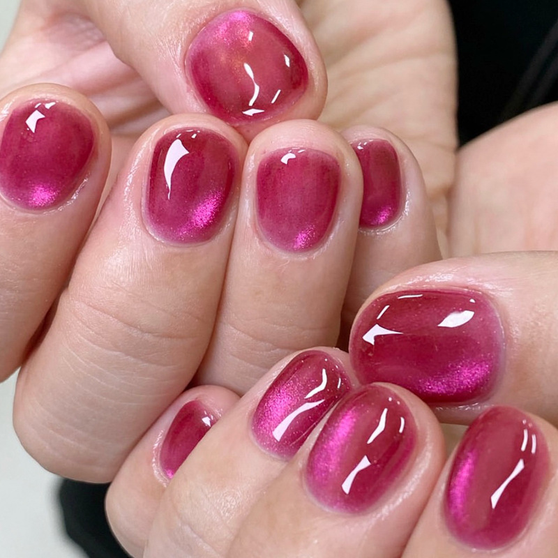 Cross-Border New Cherry Color Cat Eye Wearable Nails Short Square Purple Gradient Manicure Fake Nails Wholesale Nail