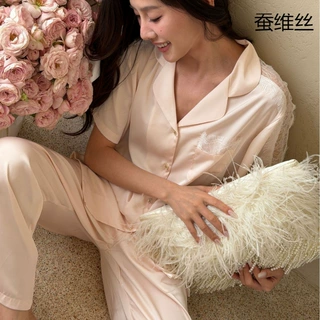 蚕维丝蕾丝性感睡衣高级感短袖长裤家居服套装新款法式开衫轻奢冰