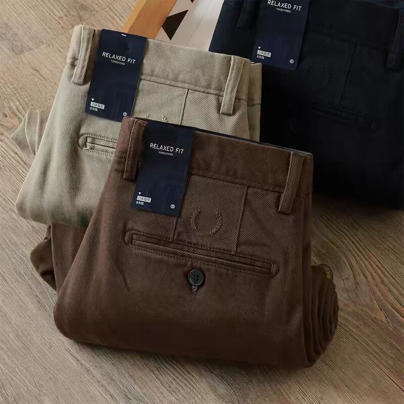 Autumn and Winter Medium-Thick Casual Pants for Men, Cotton Stretch Straight-Leg Slim-Fit Washed Business Pants, Luxurious Khaki Long Pants