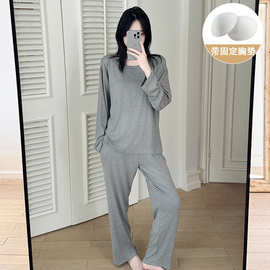 MC 2025年睡衣女新款人棉拉架圆领撞色长袖长裤可外穿家居服套装