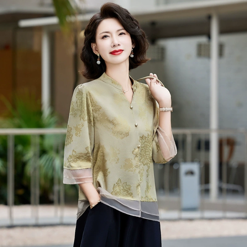 Летние рубашки для среднего и пожилого возраста, новые рубашки для мам в китайском стиле с короткими рукавами, элегантные топы, женские повседневные костюмы.