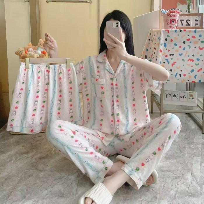 Venta al por mayor transfronteriza 120g pijamas de algodón de nube de verano de manga corta para mujer pantalones cortos de algodón de nube de verano de tres piezas servicio a domicilio de dibujos animados