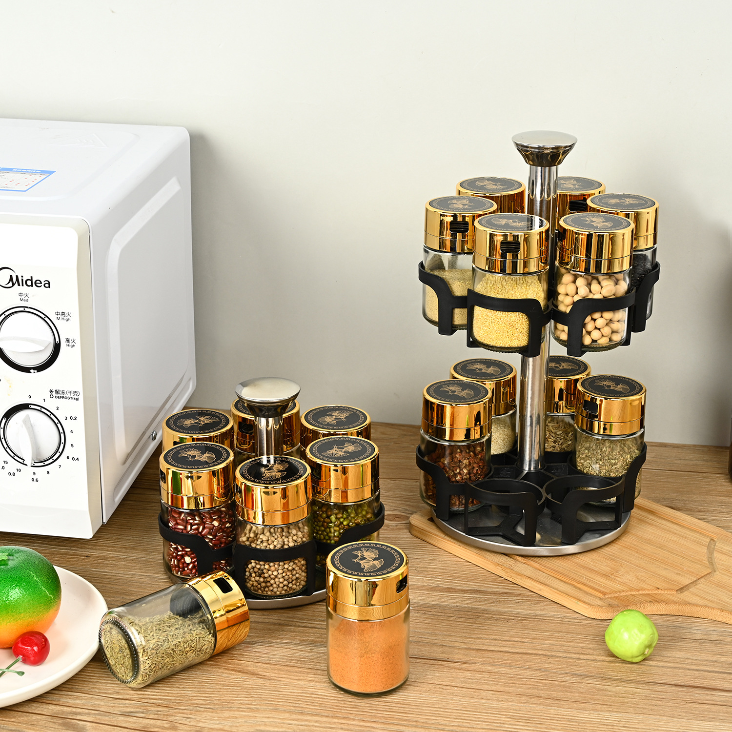 Creativo nuevo lujo ligero condimento rack traje a prueba de fugas vidrio condimento tarro sal tarro rotatorio condimento botella cocina suministros