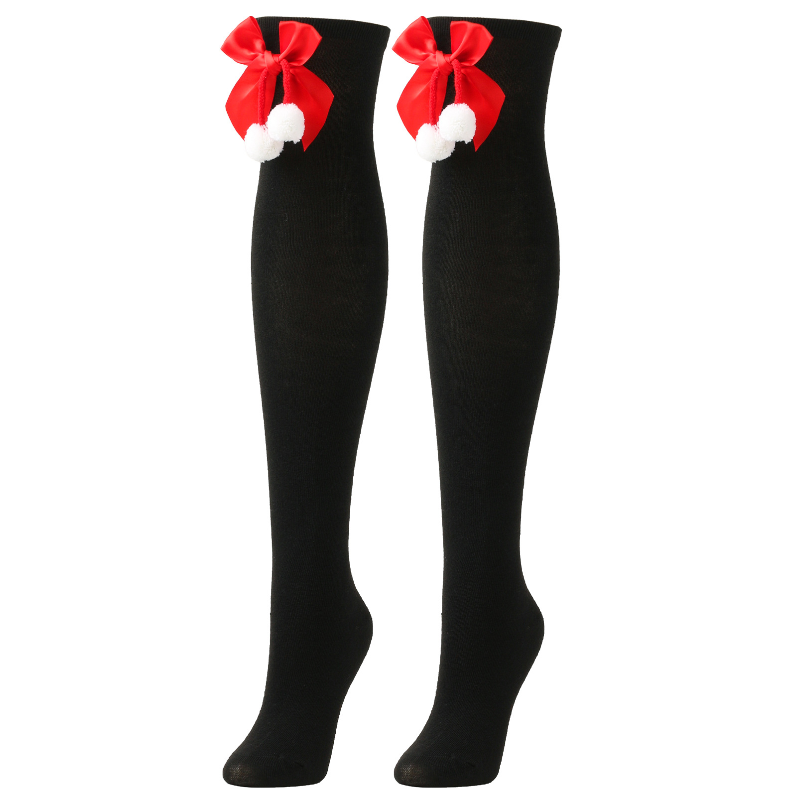 Calzini natalizi unisex con fiocco, calzini a palla, sopra il ginocchio, calzini lunghi da donna, calzini natalizi a righe_voghion.com