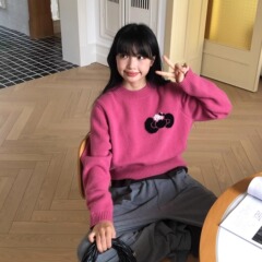 H.ONE正~巨显白KITTY蝴蝶结毛毛衣韩国秋冬套头针织衫圆领毛衣女