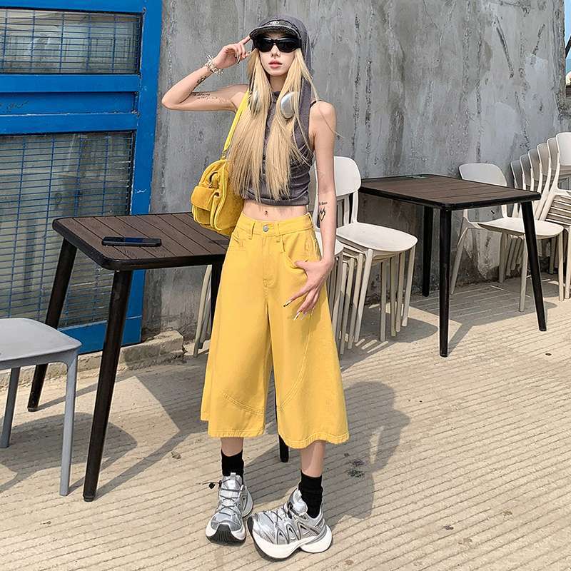Wholesale Dropshipping Trendy American Retro High-Waisted Loose Spring and Summer Slimming Straight Cropped Jeans for Women