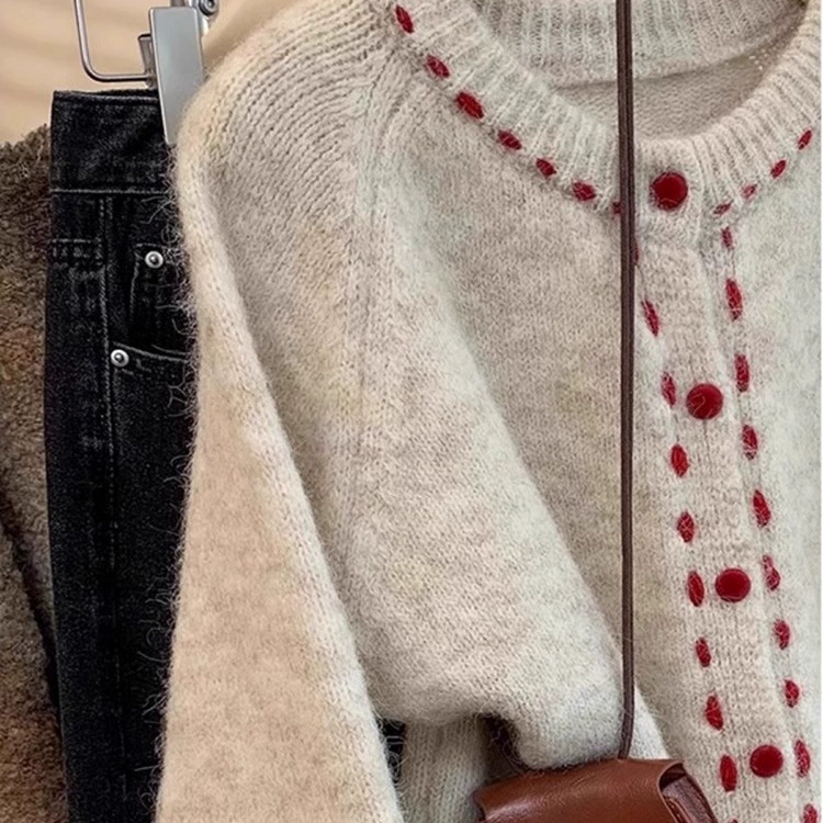 Spring retro knitted cardigan, sweater, jacket, round collar
