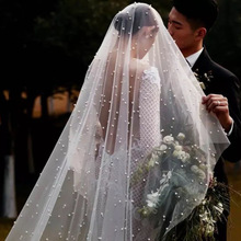 3.5单层大拖尾头纱加密钉珠重工一片式欧美复古教堂婚礼外贸跨境