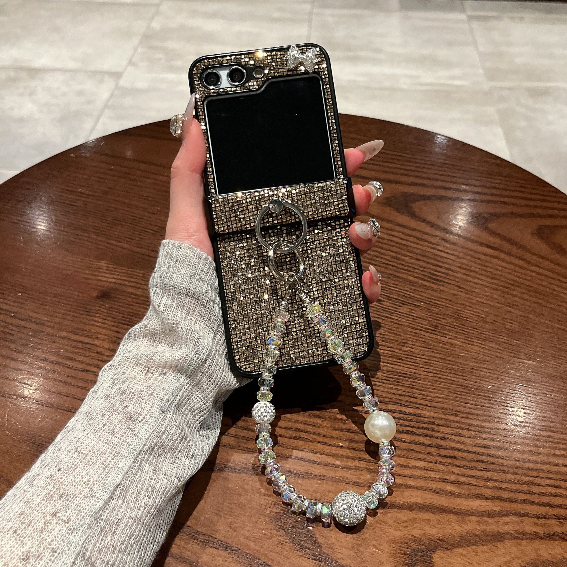 Pantalla plegable de polvo flash para comercio exterior aplicable Samsung zFlip6 / 5 / 4 brazalete de brazalete, caso de teléfono móvil de marca europea y americana a prueba de caídas