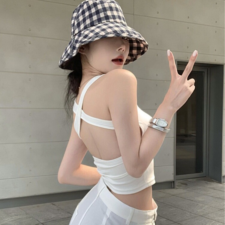 夏季纯欲风无袖紧身带胸垫性感短款露背工字型吊带背心女外穿上衣
