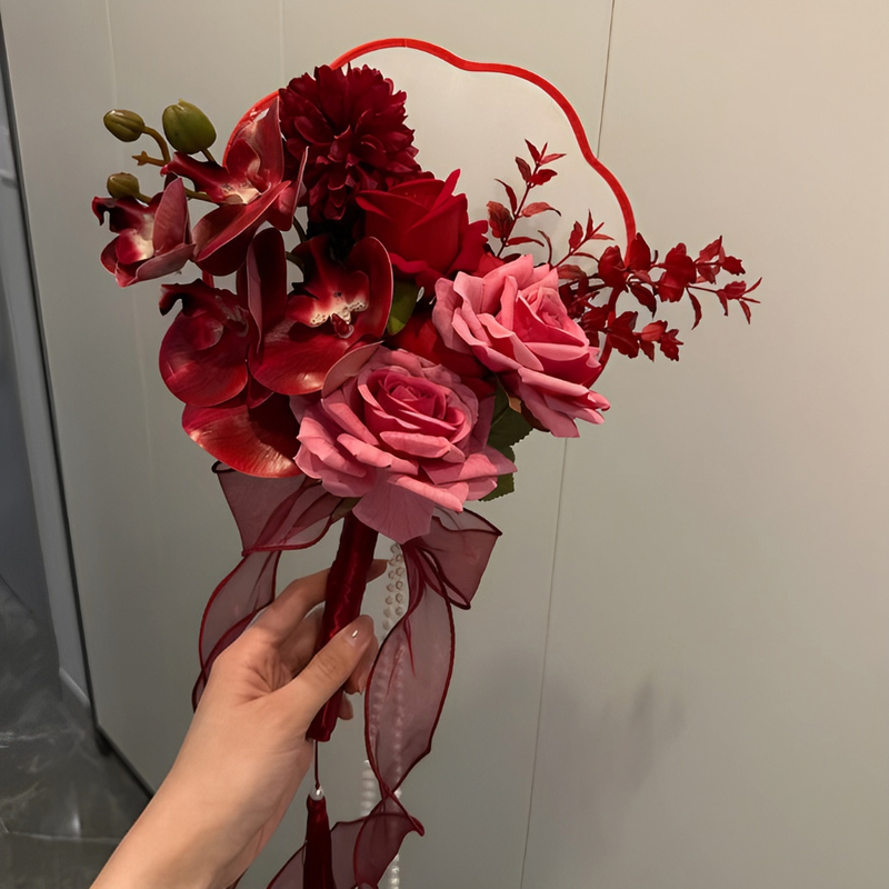 新中式新娘拍照道具蝴蝶兰折扇手捧花结婚古风婚礼迎亲晨袍扇子|undefined