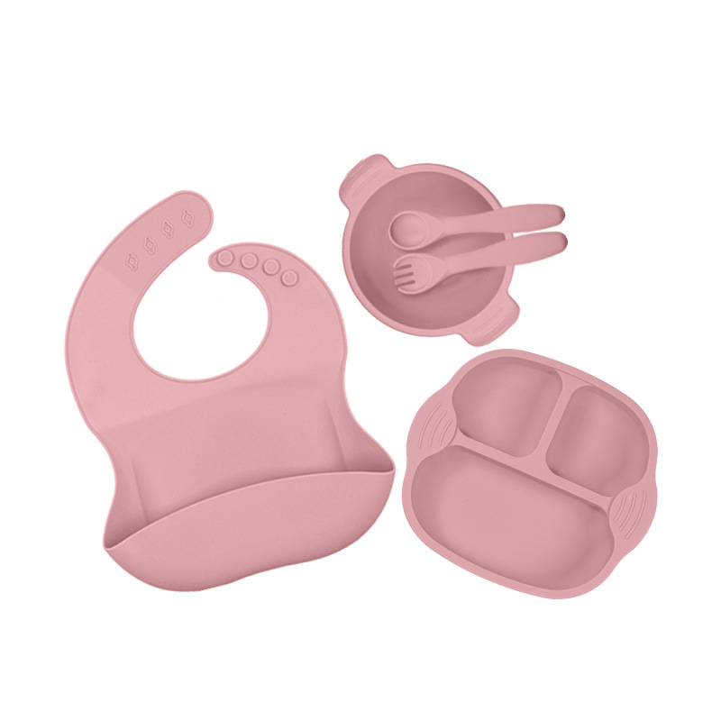 Nuevo traje de vajilla de suplemento alimenticio para niños transfronterizos Placa de silicona tazón tenedor cuchara babero taza de seis piezas conjunto de vajilla de alimentación