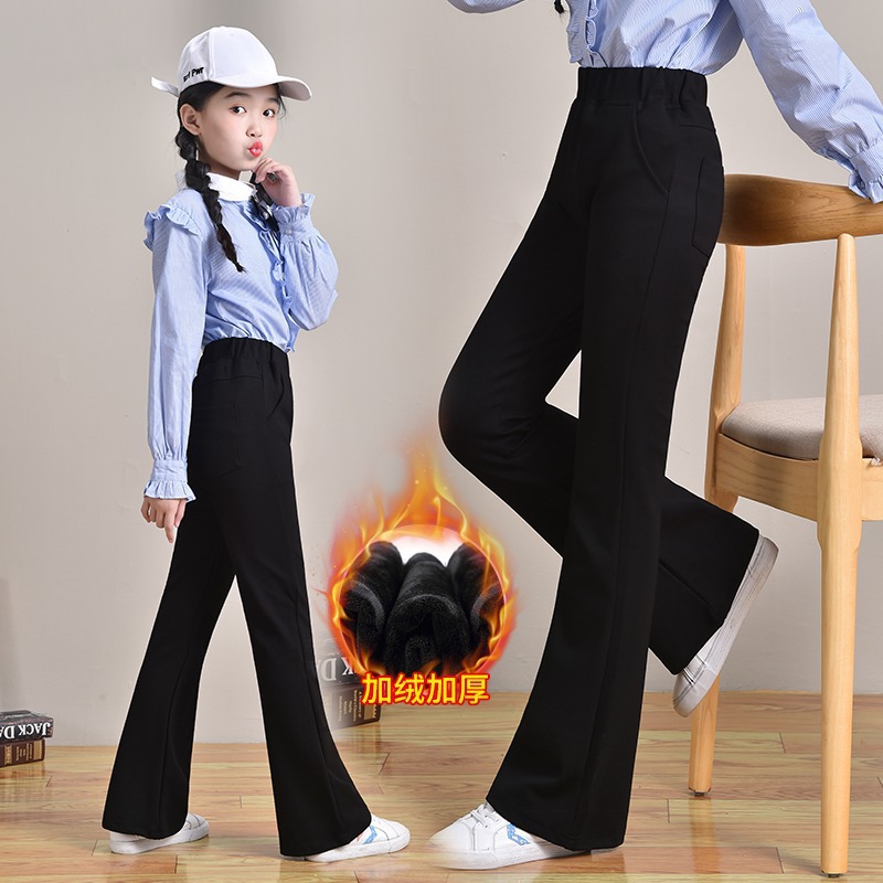 소녀 바지 가을과 겨울 2024 새로운 도착 중다 어린이 서양식 캐주얼 바지 검은 마이크로 혼 바지 가을과 겨울